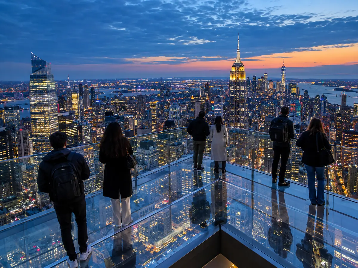 Visitors on an outdoor observation deck high above Manhattan at blue hour