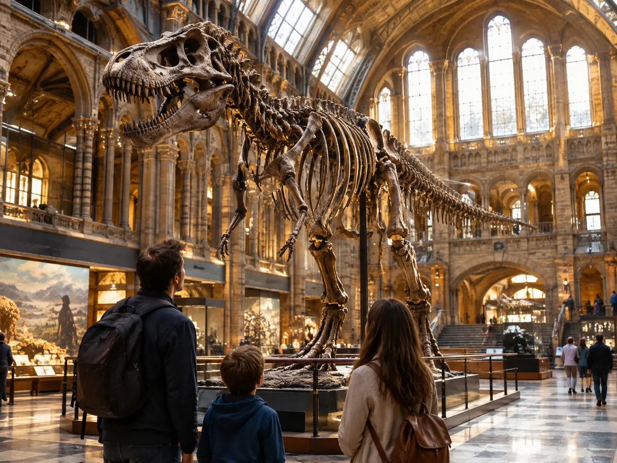 A dinosaur skeleton in a grand natural history museum hall