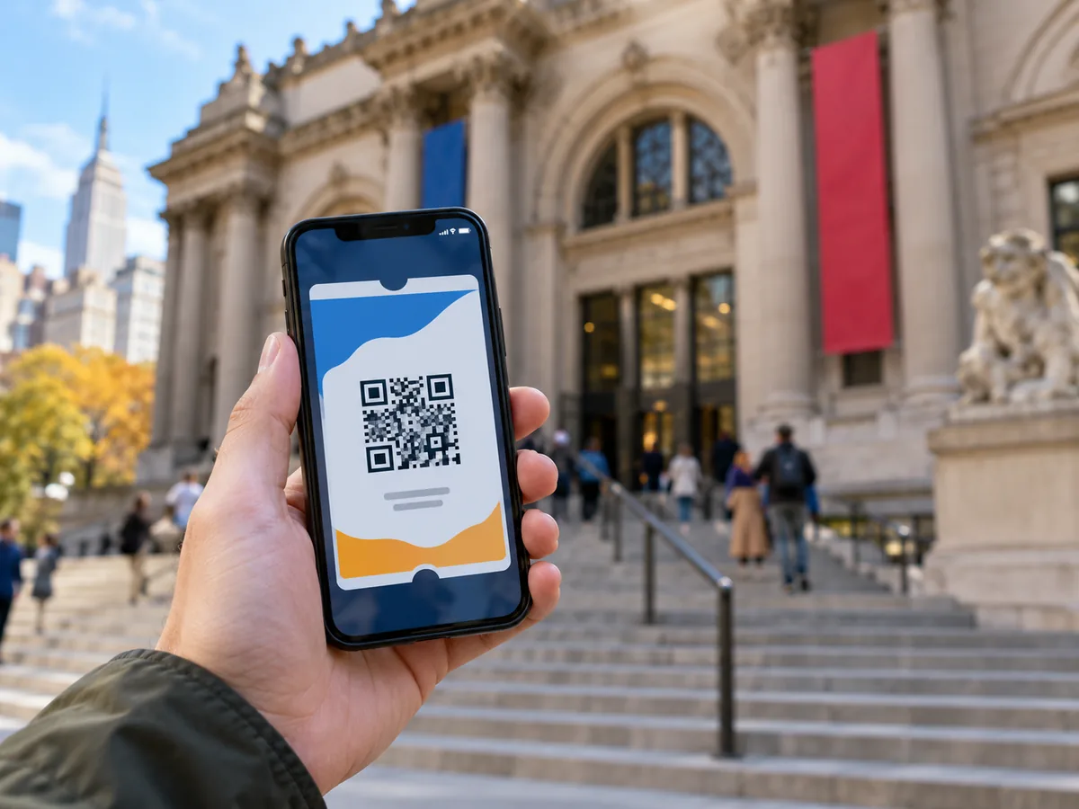 A traveller holding a phone with a digital pass at a museum entrance