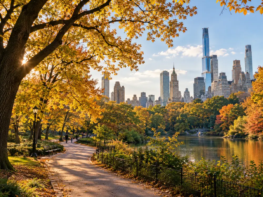 Central Park in autumn with the Midtown skyline above the trees