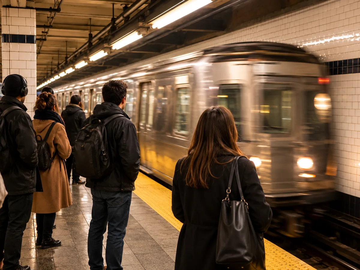 A subway train arriving at a tiled New York station platform