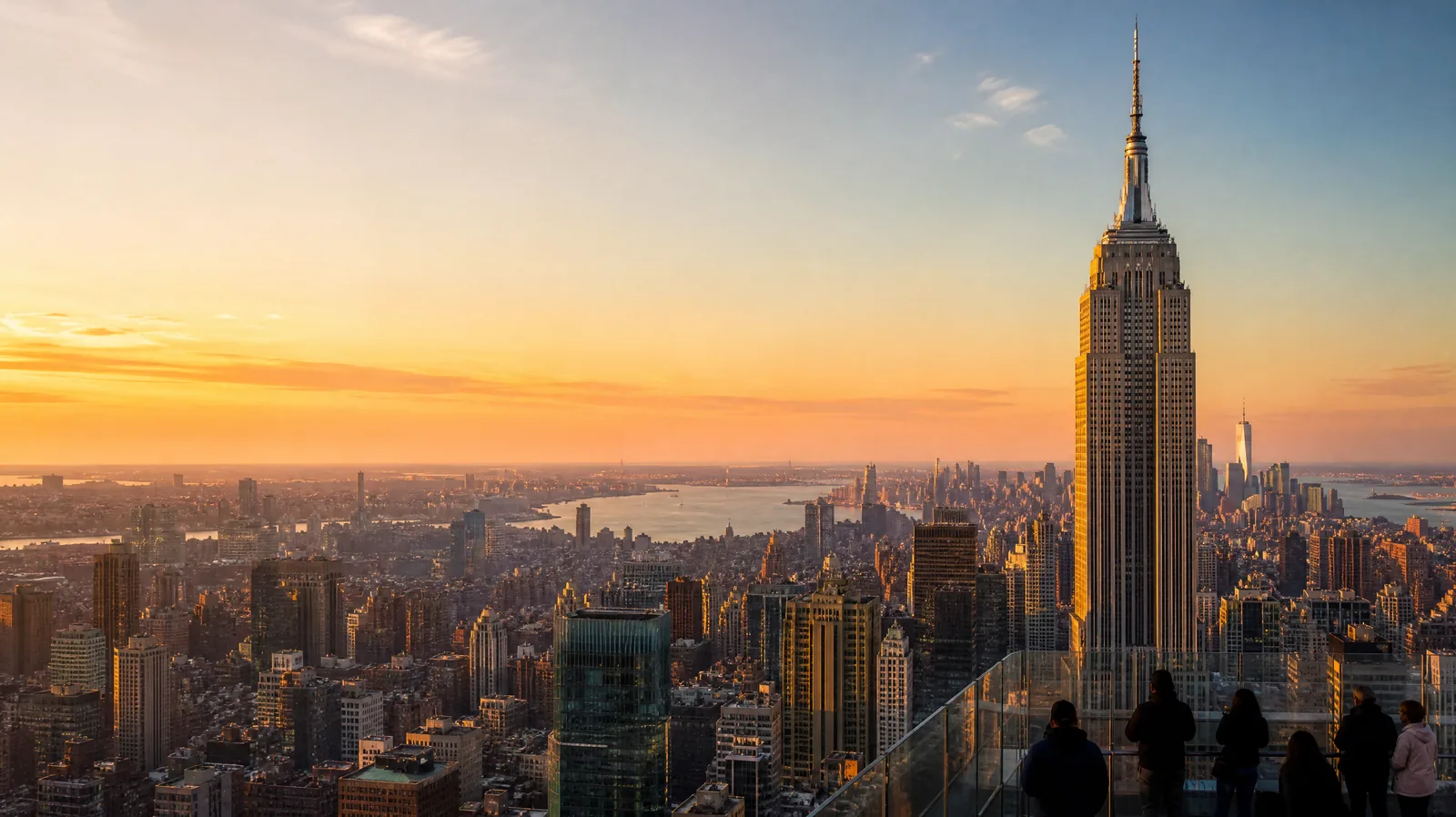 The Empire State Building at sunset seen from a Midtown Manhattan observation deck